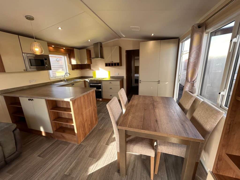 dining table with chairs, kitchen cabinets