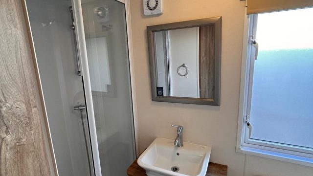 large shower cubicle with hand basin, mirror above