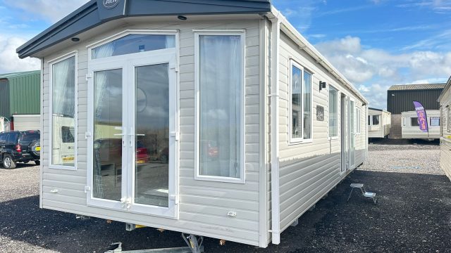 Front of White Static Caravan with Patio doors