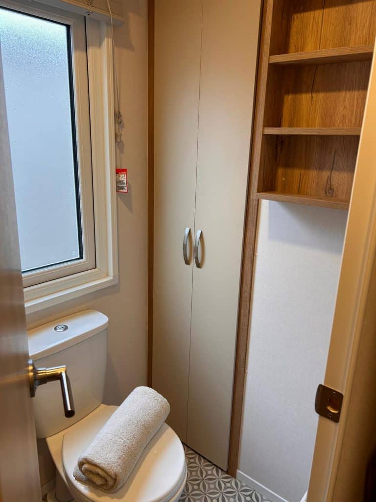 toilet, shelving on wall and cupboard